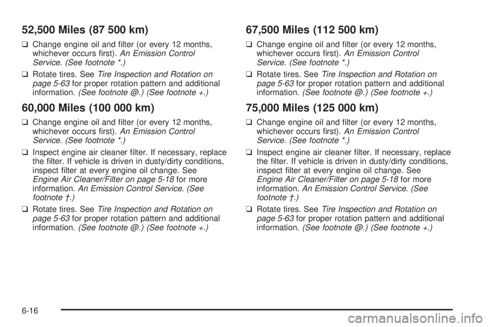 BUICK LESABRE 2005 Owners Guide 52,500 Miles (87 500 km)
❑Change engine oil and �lter (or every 12 months,
whichever occurs �rst).An Emission Control
Service. (See footnote *.)
❑Rotate tires. SeeTire Inspection and Rotation on
p