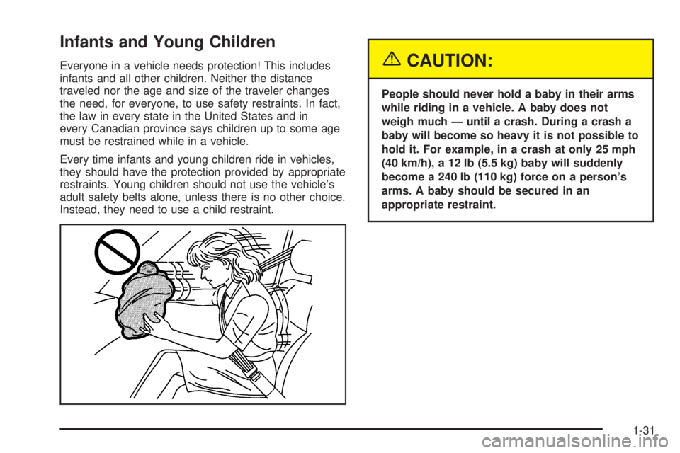 BUICK LESABRE 2005 Owners Guide Infants and Young Children
Everyone in a vehicle needs protection! This includes
infants and all other children. Neither the distance
traveled nor the age and size of the traveler changes
the need, fo BUICK LESABRE 2005 Owners Guide Infants and Young Children
Everyone in a vehicle needs protection! This includes
infants and all other children. Neither the distance
traveled nor the age and size of the traveler changes
the need, fo