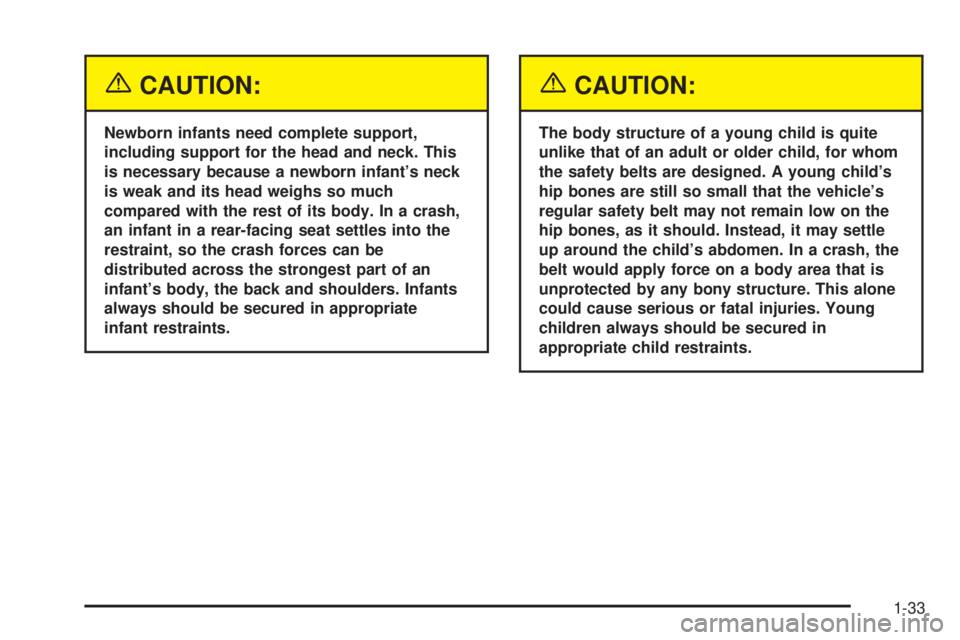 BUICK LESABRE 2005 Owners Guide {CAUTION:
Newborn infants need complete support,
including support for the head and neck. This
is necessary because a newborn infant’s neck
is weak and its head weighs so much
compared with the rest