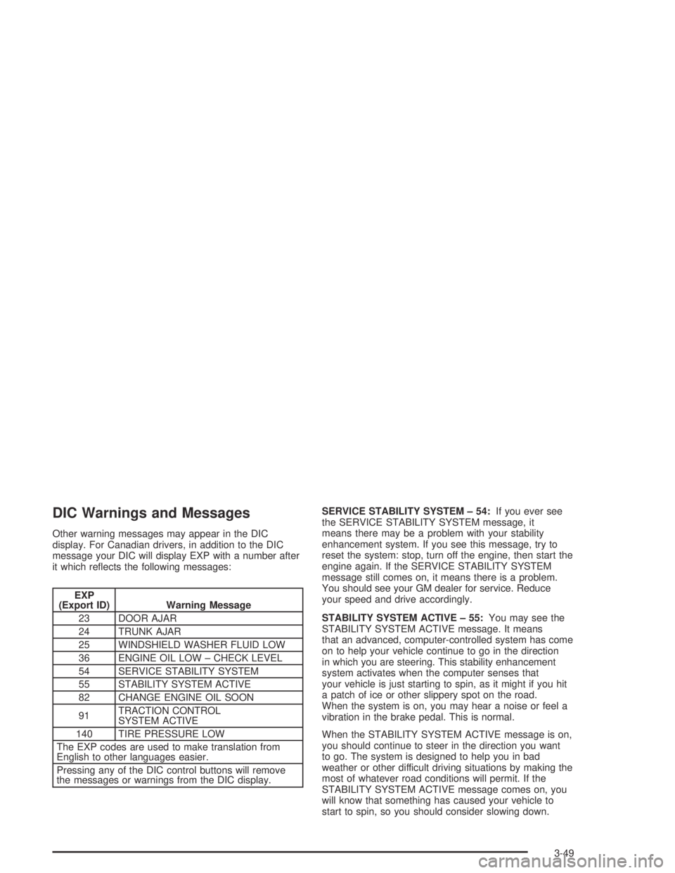 BUICK PARK AVENUE 2005  Owners Manual DIC Warnings and Messages
Other warning messages may appear in the DIC
display. For Canadian drivers, in addition to the DIC
message your DIC will display EXP with a number after
it which re�ects the 