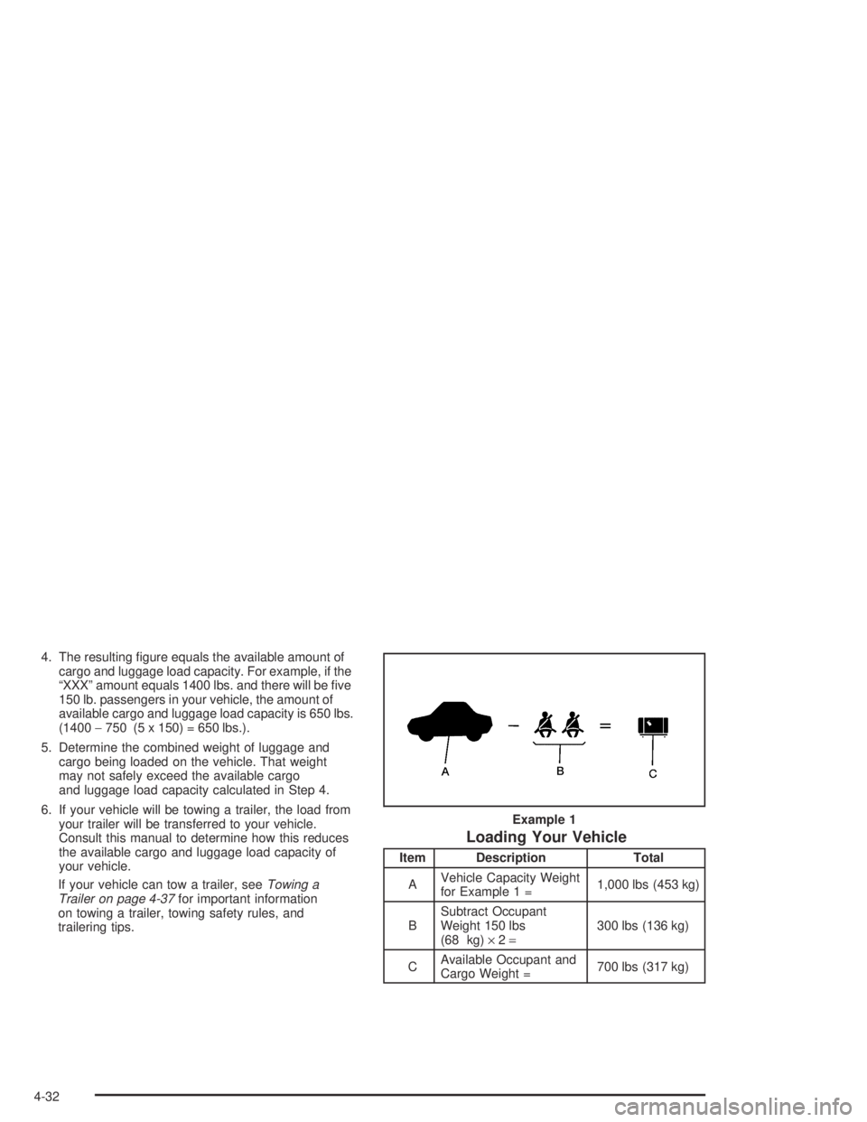 BUICK PARK AVENUE 2005  Owners Manual 4. The resulting �gure equals the available amount of
cargo and luggage load capacity. For example, if the
“XXX” amount equals 1400 lbs. and there will be �ve
150 lb. passengers in your vehicle, t