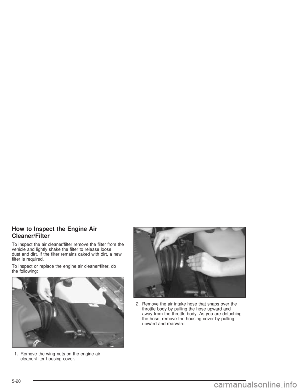 BUICK PARK AVENUE 2005  Owners Manual How to Inspect the Engine Air
Cleaner/Filter
To inspect the air cleaner/�lter remove the �lter from the
vehicle and lightly shake the �lter to release loose
dust and dirt. If the �lter remains caked w