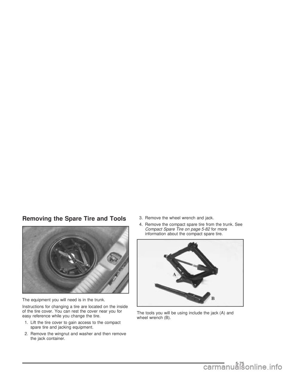 BUICK PARK AVENUE 2005  Owners Manual Removing the Spare Tire and Tools
The equipment you will need is in the trunk.
Instructions for changing a tire are located on the inside
of the tire cover. You can rest the cover near you for
easy re