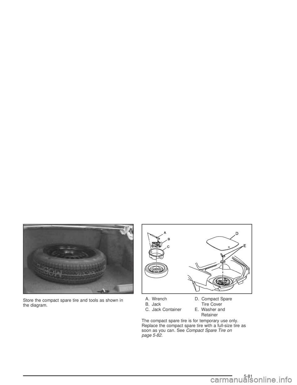 BUICK PARK AVENUE 2005  Owners Manual Store the compact spare tire and tools as shown in
the diagram.A. Wrench
B. Jack
C. Jack ContainerD. Compact Spare
Tire Cover
E. Washer and
Retainer
The compact spare tire is for temporary use only.
R