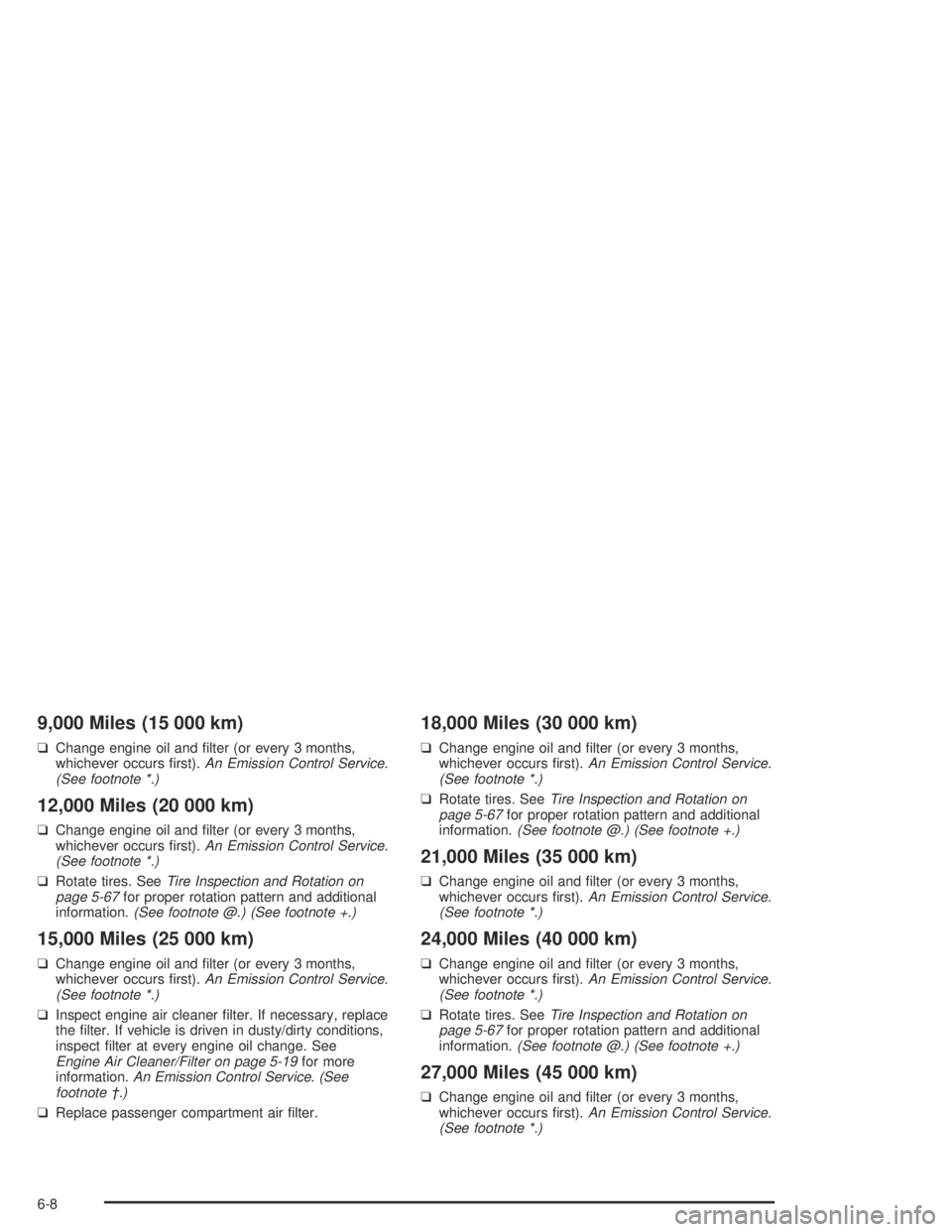 BUICK PARK AVENUE 2005  Owners Manual 9,000 Miles (15 000 km)
❑Change engine oil and �lter (or every 3 months,
whichever occurs �rst).An Emission Control Service.
(See footnote *.)
12,000 Miles (20 000 km)
❑Change engine oil and �lter