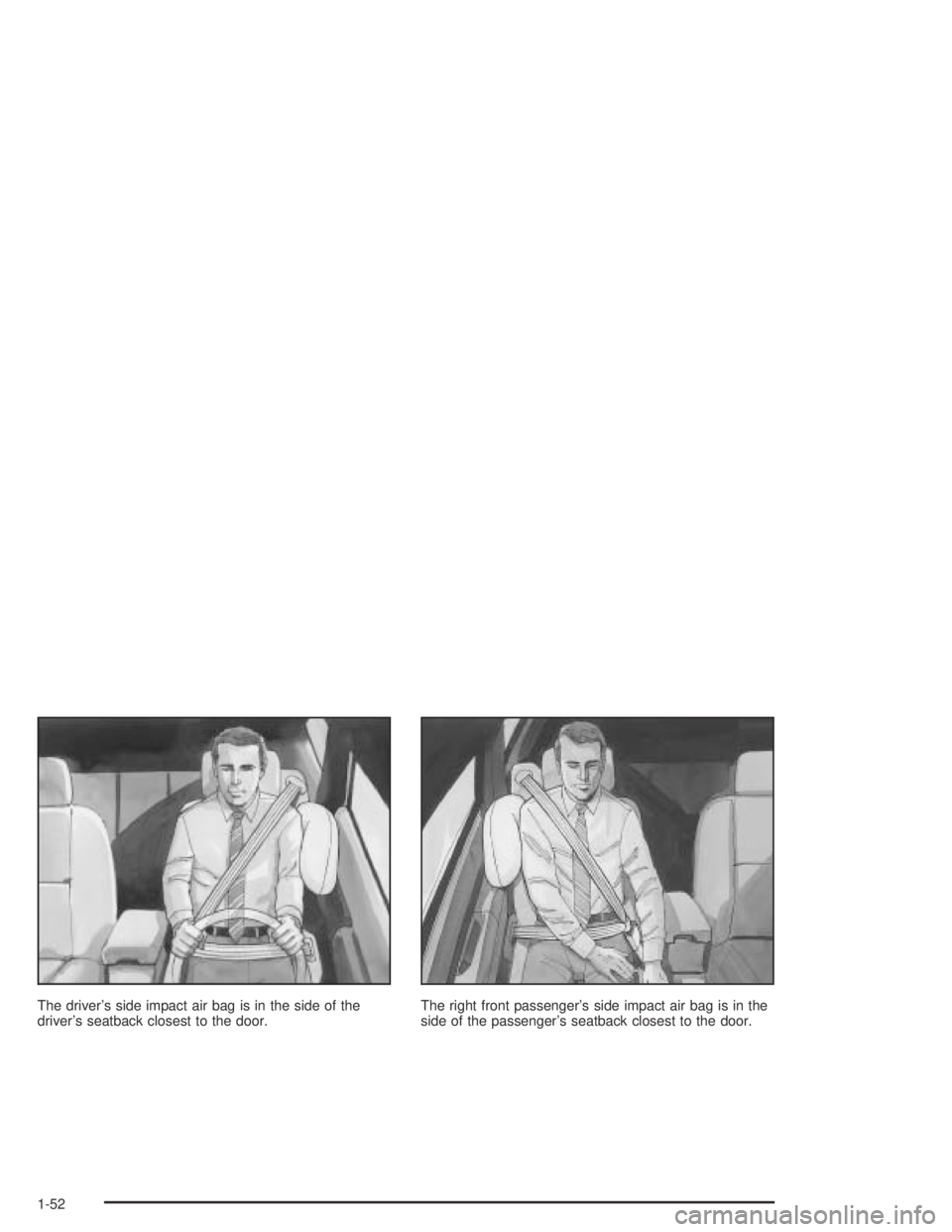 BUICK PARK AVENUE 2005 Workshop Manual The driver’s side impact air bag is in the side of the
driver’s seatback closest to the door.The right front passenger’s side impact air bag is in the
side of the passenger’s seatback closest 