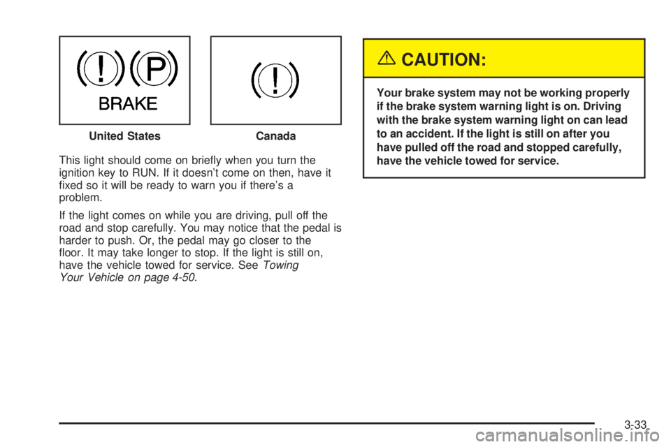 BUICK RAINIER 2005  Owners Manual This light should come on brie�y when you turn the
ignition key to RUN. If it doesn’t come on then, have it
�xed so it will be ready to warn you if there’s a
problem.
If the light comes on while y