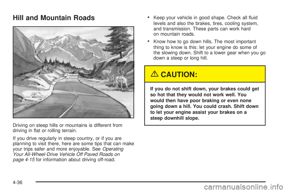 BUICK RAINIER 2005 User Guide Hill and Mountain Roads
Driving on steep hills or mountains is different from
driving in �at or rolling terrain.
If you drive regularly in steep country, or if you are
planning to visit there, here ar