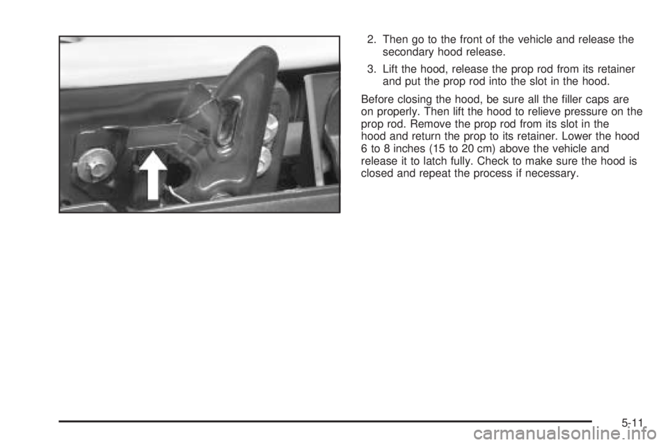 BUICK RAINIER 2005  Owners Manual 2. Then go to the front of the vehicle and release the
secondary hood release.
3. Lift the hood, release the prop rod from its retainer
and put the prop rod into the slot in the hood.
Before closing t