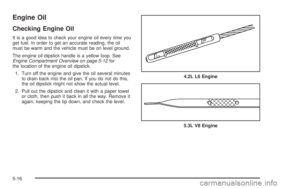 BUICK RAINIER 2005 Owners Guide Engine Oil
Checking Engine Oil
It is a good idea to check your engine oil every time you
get fuel. In order to get an accurate reading, the oil
must be warm and the vehicle must be on level ground.
Th