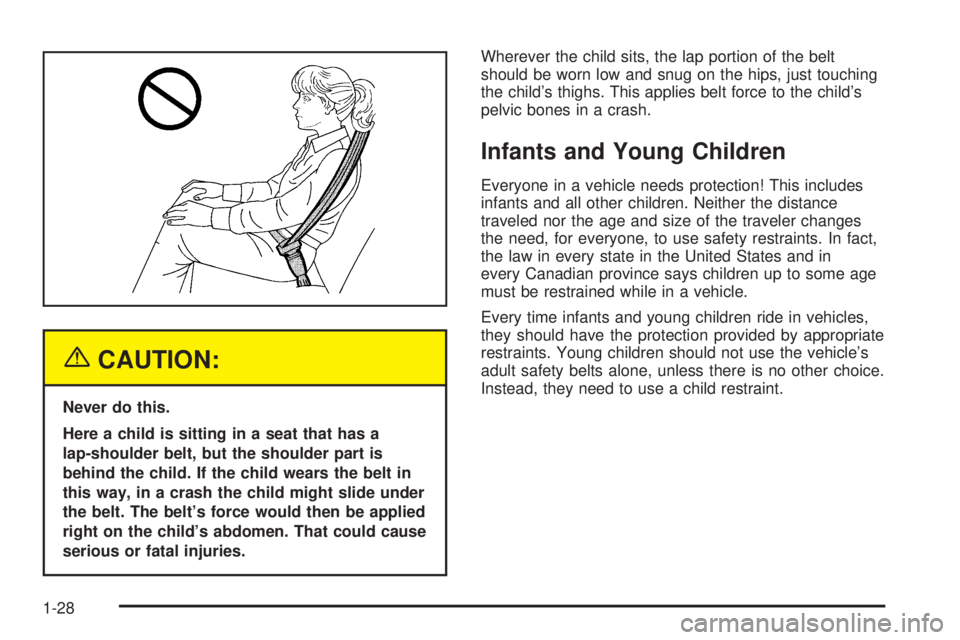 BUICK RAINIER 2005 Owners Guide {CAUTION:
Never do this.
Here a child is sitting in a seat that has a
lap-shoulder belt, but the shoulder part is
behind the child. If the child wears the belt in
this way, in a crash the child might 