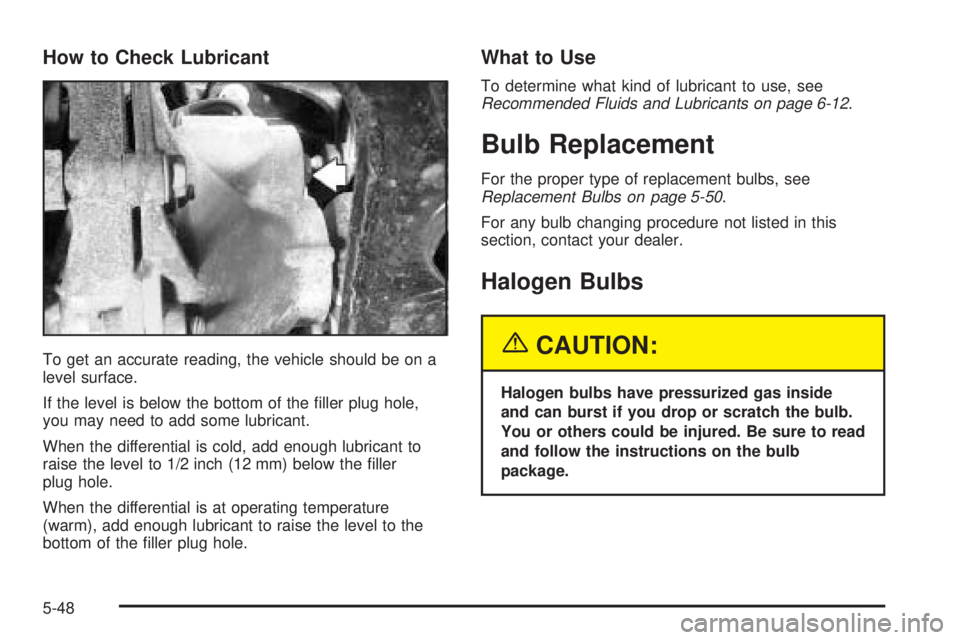 BUICK RAINIER 2005  Owners Manual How to Check Lubricant
To get an accurate reading, the vehicle should be on a
level surface.
If the level is below the bottom of the �ller plug hole,
you may need to add some lubricant.
When the diffe