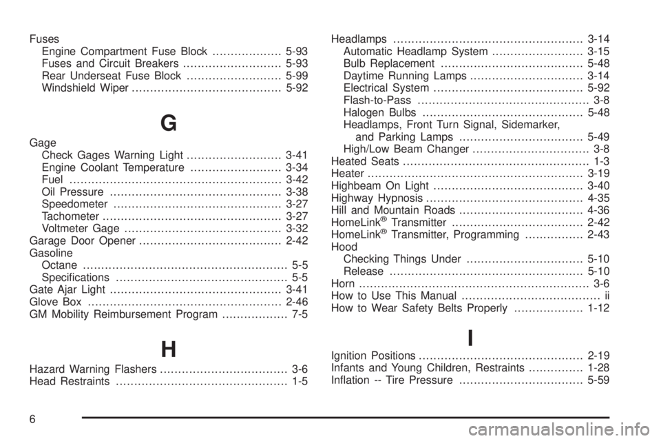 BUICK RAINIER 2005  Owners Manual Fuses
Engine Compartment Fuse Block...................5-93
Fuses and Circuit Breakers...........................5-93
Rear Underseat Fuse Block..........................5-99
Windshield Wiper...........