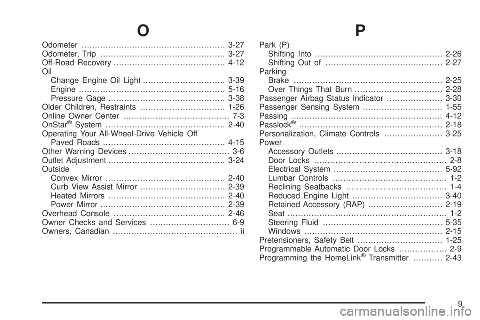 BUICK RAINIER 2005  Owners Manual O
Odometer......................................................3-27
Odometer, Trip...............................................3-27
Off-Road Recovery..........................................4-12
O