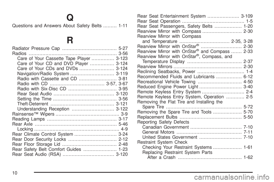 BUICK RAINIER 2005  Owners Manual Q
Questions and Answers About Safety Belts.........1-11
R
Radiator Pressure Cap....................................5-27
Radios..........................................................3-56
Care of You