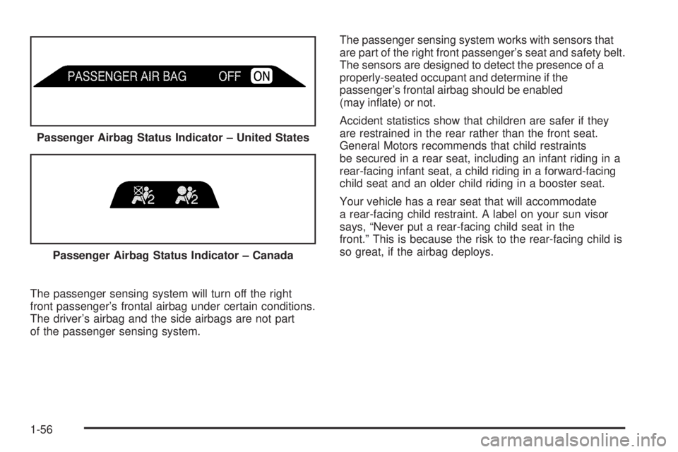 BUICK RAINIER 2005  Owners Manual The passenger sensing system will turn off the right
front passenger’s frontal airbag under certain conditions.
The driver’s airbag and the side airbags are not part
of the passenger sensing syste