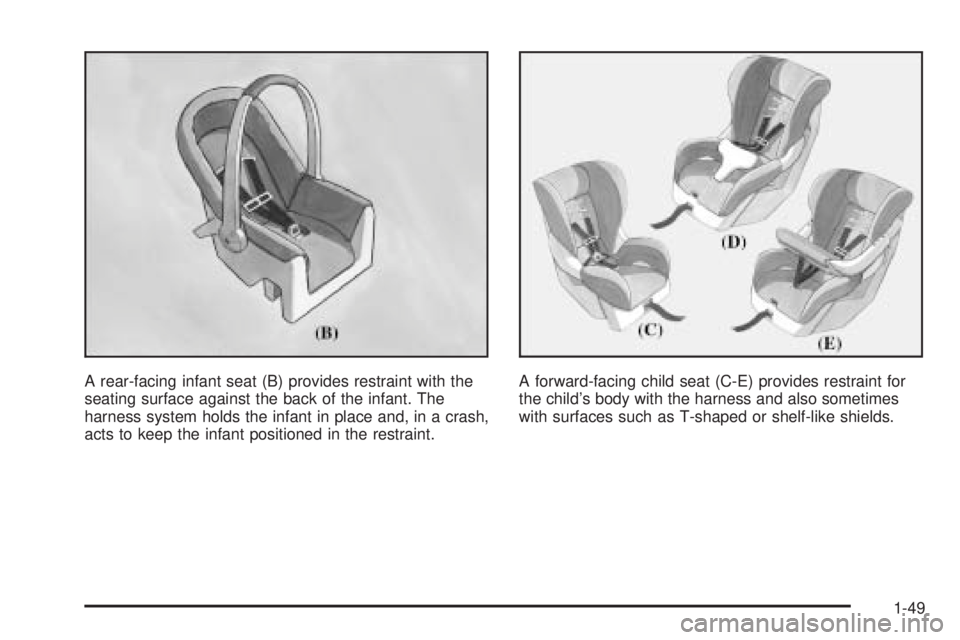BUICK RANDEZVOUS 2005 Workshop Manual A rear-facing infant seat (B) provides restraint with the
seating surface against the back of the infant. The
harness system holds the infant in place and, in a crash,
acts to keep the infant position BUICK RANDEZVOUS 2005 Workshop Manual A rear-facing infant seat (B) provides restraint with the
seating surface against the back of the infant. The
harness system holds the infant in place and, in a crash,
acts to keep the infant position