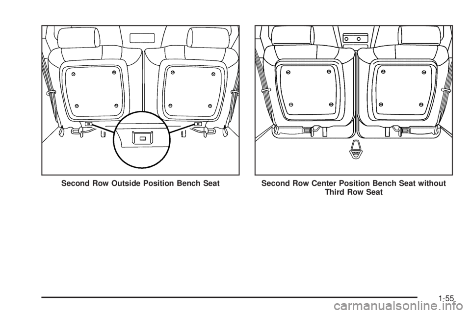 BUICK RANDEZVOUS 2005 Repair Manual Second Row Outside Position Bench SeatSecond Row Center Position Bench Seat without
Third Row Seat
1-55 