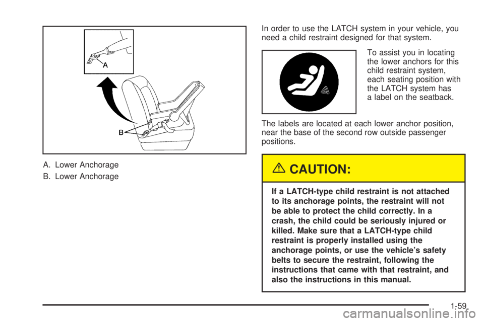 BUICK RANDEZVOUS 2005 User Guide A. Lower Anchorage
B. Lower AnchorageIn order to use the LATCH system in your vehicle, you
need a child restraint designed for that system.
To assist you in locating
the lower anchors for this
child r