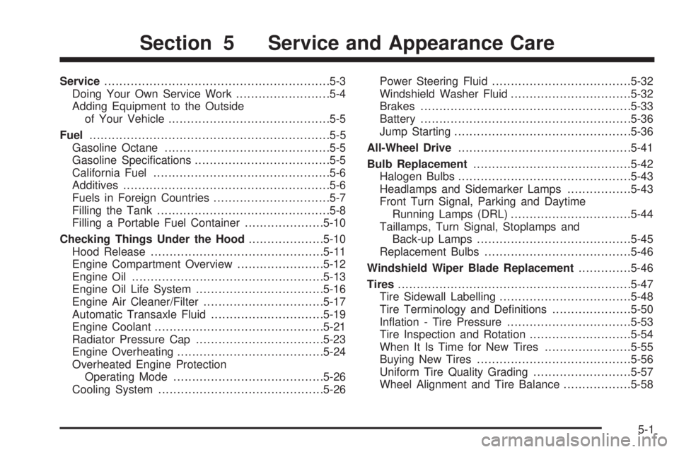 BUICK TERRAZA 2005 Owners Guide Service............................................................5-3
Doing Your Own Service Work.........................5-4
Adding Equipment to the Outside
of Your Vehicle..........................