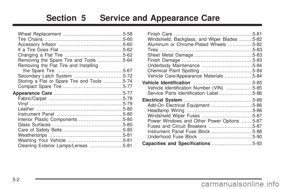 BUICK TERRAZA 2005  Owners Manual Wheel Replacement......................................5-58
Tire Chains..................................................5-60
Accessory In�ator.........................................5-60
If a Tire G