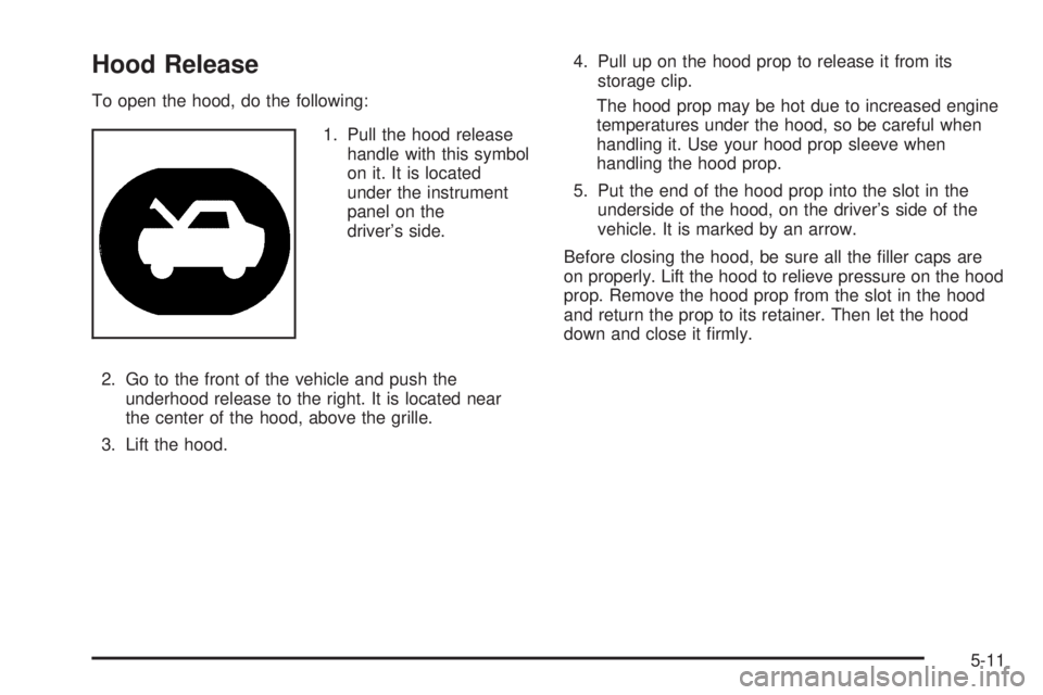 BUICK TERRAZA 2005 Manual PDF Hood Release
To open the hood, do the following:
1. Pull the hood release
handle with this symbol
on it. It is located
under the instrument
panel on the
driver’s side.
2. Go to the front of the vehi