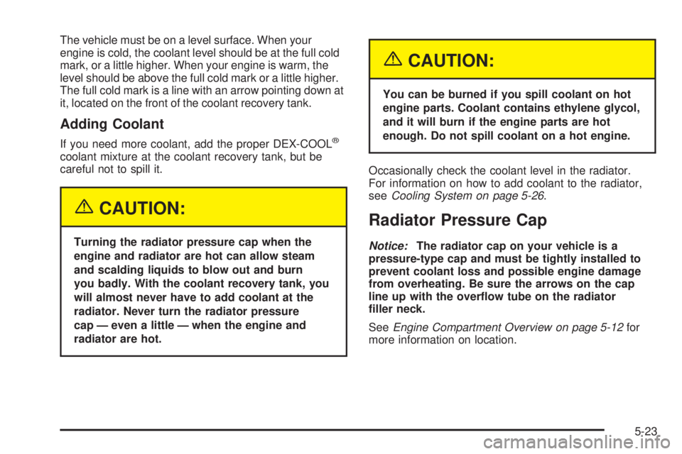 BUICK TERRAZA 2005 Manual Online The vehicle must be on a level surface. When your
engine is cold, the coolant level should be at the full cold
mark, or a little higher. When your engine is warm, the
level should be above the full co