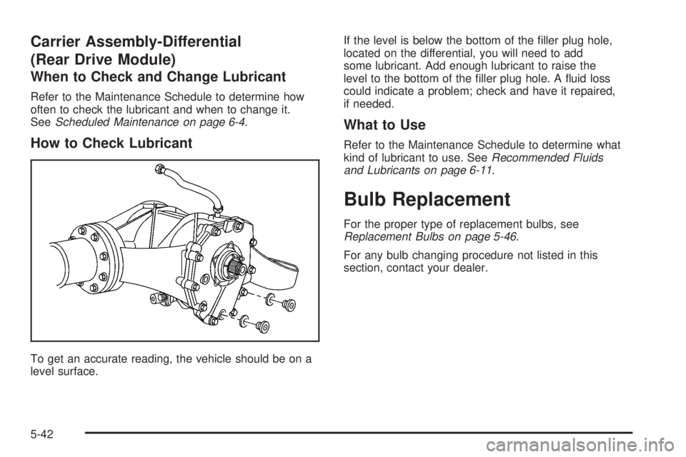 BUICK TERRAZA 2005  Owners Manual Carrier Assembly-Differential
(Rear Drive Module)
When to Check and Change Lubricant
Refer to the Maintenance Schedule to determine how
often to check the lubricant and when to change it.
SeeScheduled