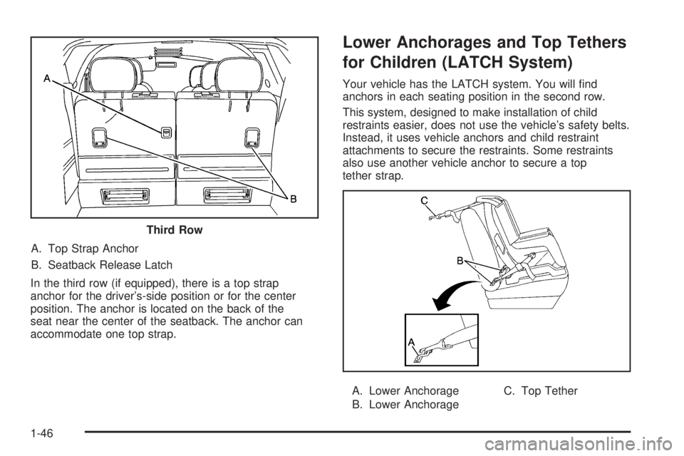 BUICK TERRAZA 2005 Workshop Manual A. Top Strap Anchor
B. Seatback Release Latch
In the third row (if equipped), there is a top strap
anchor for the driver’s-side position or for the center
position. The anchor is located on the back