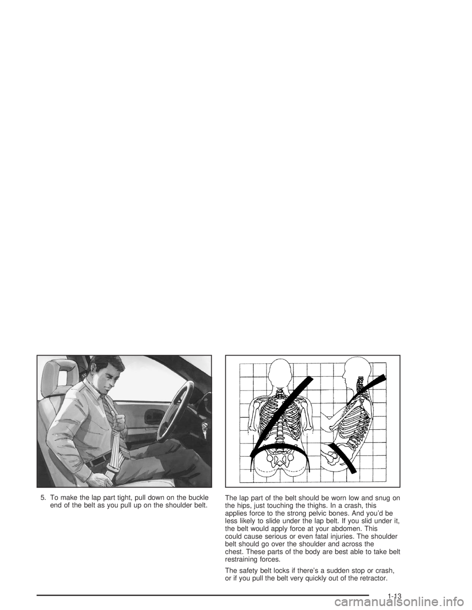 BUICK CENTURY 2004 User Guide 5. To make the lap part tight, pull down on the buckle
end of the belt as you pull up on the shoulder belt.The lap part of the belt should be worn low and snug on
the hips, just touching the thighs. I