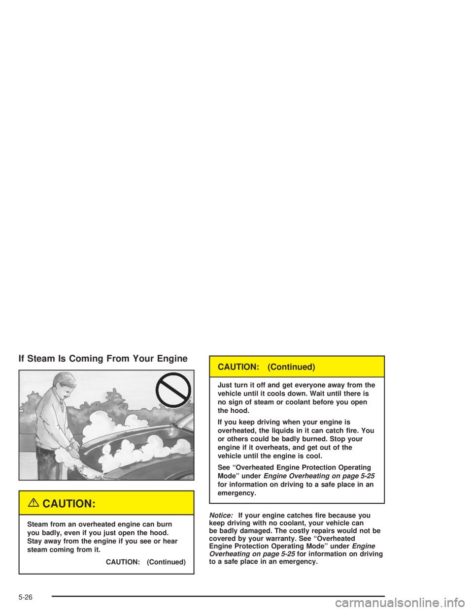 BUICK CENTURY 2004  Owners Manual If Steam Is Coming From Your Engine
{CAUTION:
Steam from an overheated engine can burn
you badly, even if you just open the hood.
Stay away from the engine if you see or hear
steam coming from it.
CAU