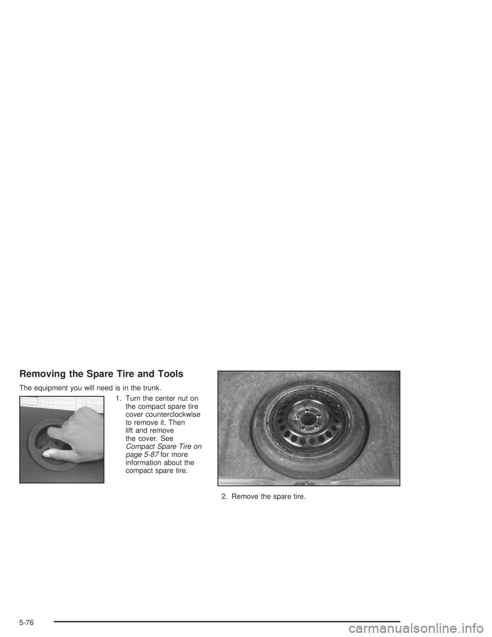 BUICK CENTURY 2004  Owners Manual Removing the Spare Tire and Tools
The equipment you will need is in the trunk.
1. Turn the center nut on
the compact spare tire
cover counterclockwise
to remove it. Then
lift and remove
the cover. See