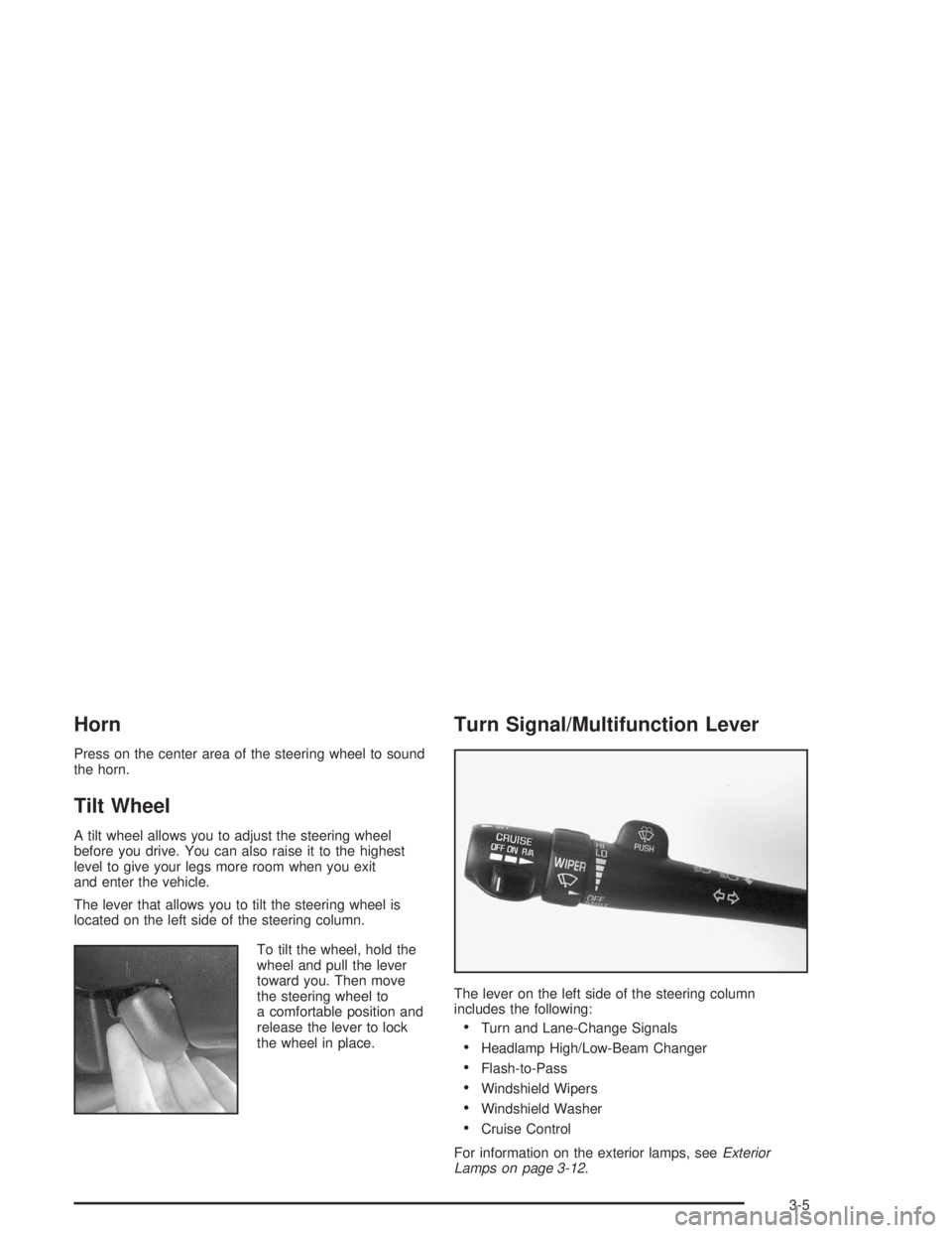 BUICK PARK AVENUE 2004  Owners Manual Horn
Press on the center area of the steering wheel to sound
the horn.
Tilt Wheel
A tilt wheel allows you to adjust the steering wheel
before you drive. You can also raise it to the highest
level to g