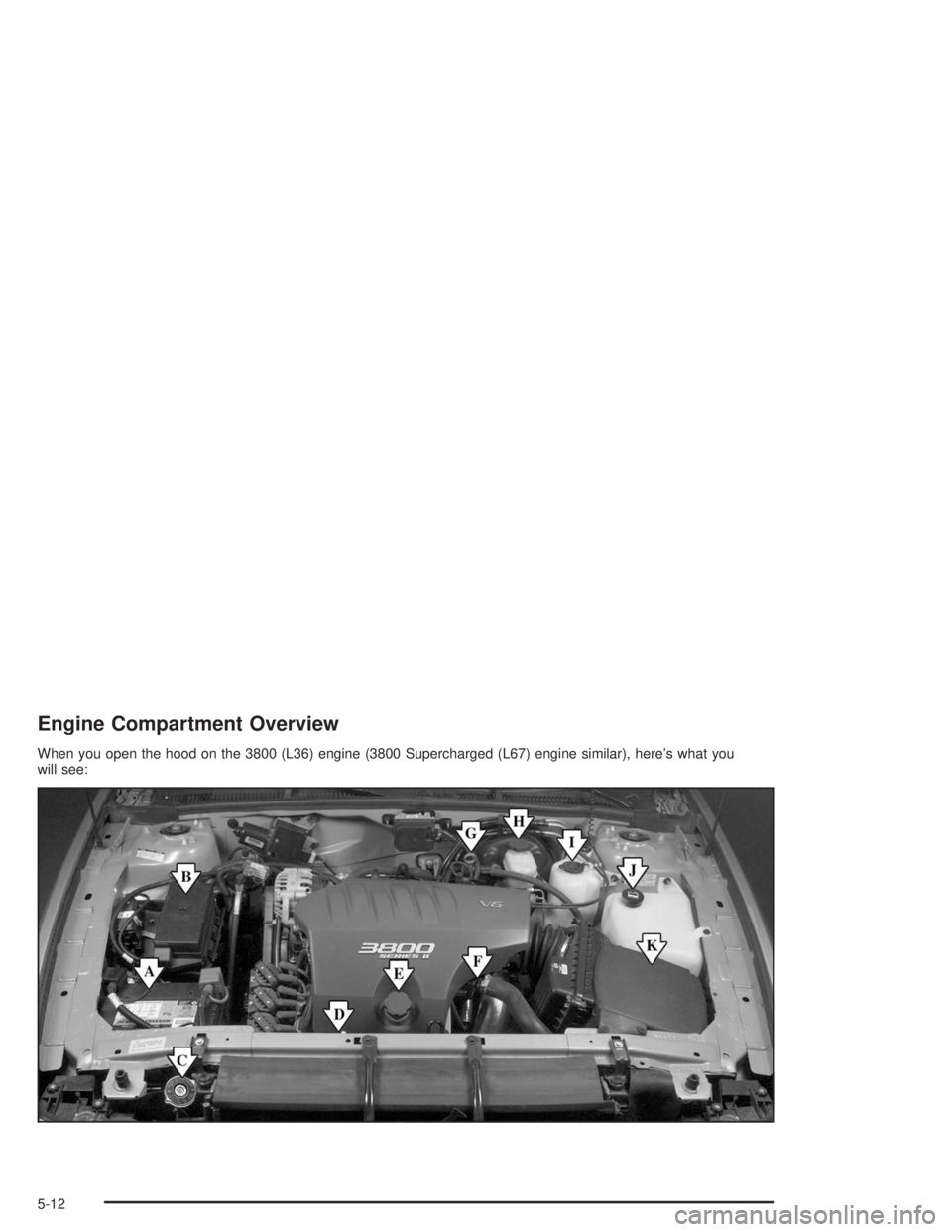 BUICK PARK AVENUE 2004  Owners Manual Engine Compartment Overview
When you open the hood on the 3800 (L36) engine (3800 Supercharged (L67) engine similar), here’s what you
will see:
5-12 