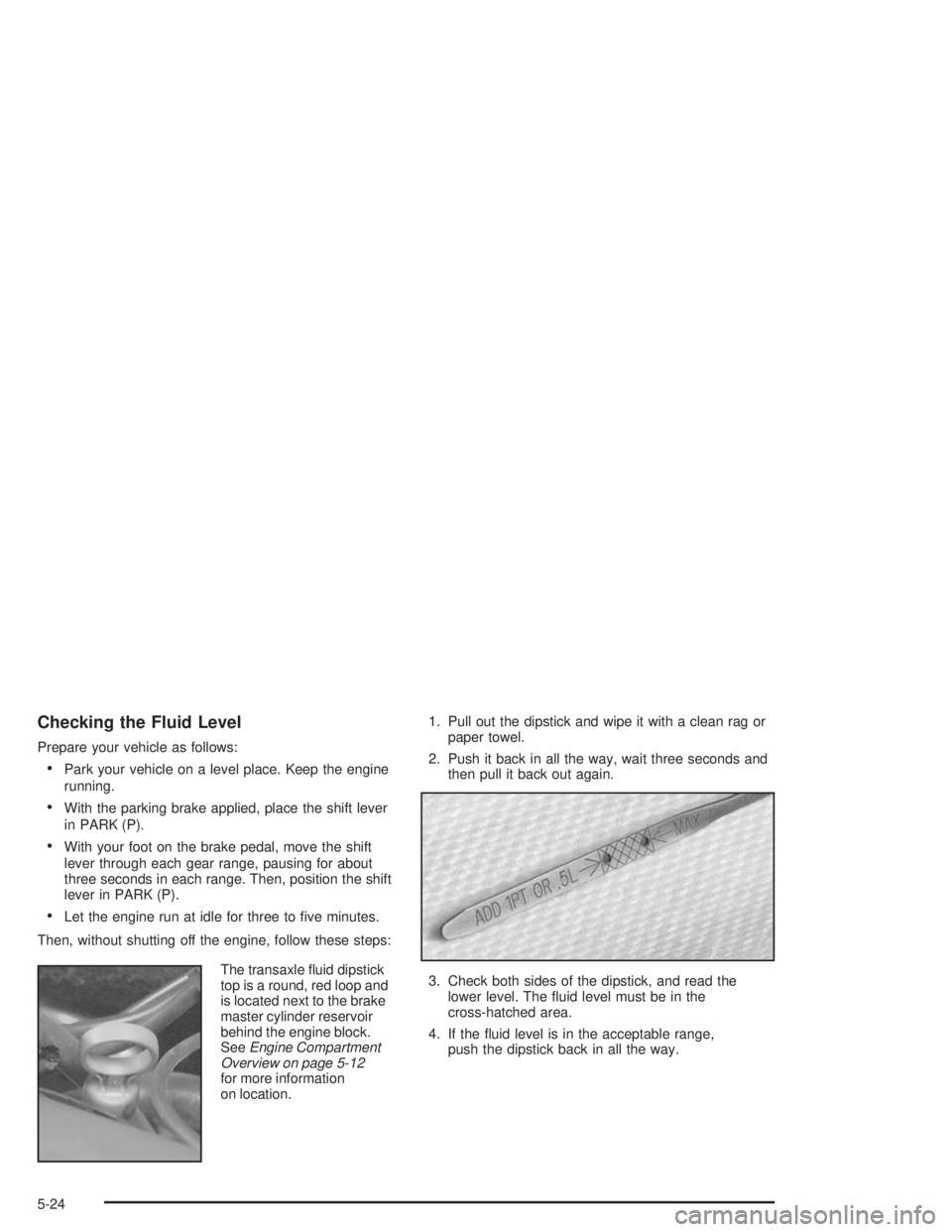 BUICK PARK AVENUE 2004  Owners Manual Checking the Fluid Level
Prepare your vehicle as follows:
Park your vehicle on a level place. Keep the engine
running.
With the parking brake applied, place the shift lever
in PARK (P).
With your f