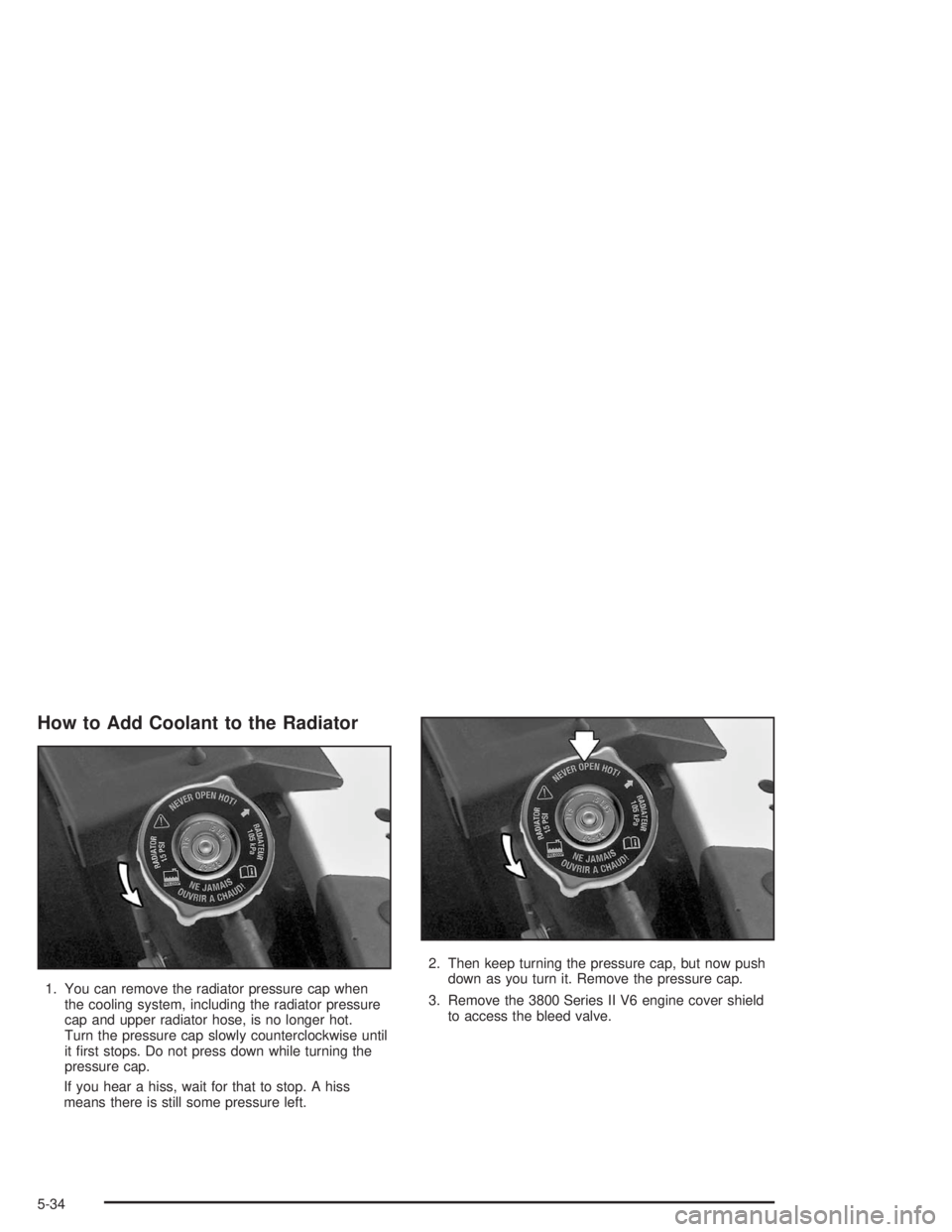 BUICK PARK AVENUE 2004  Owners Manual How to Add Coolant to the Radiator
1. You can remove the radiator pressure cap when
the cooling system, including the radiator pressure
cap and upper radiator hose, is no longer hot.
Turn the pressure