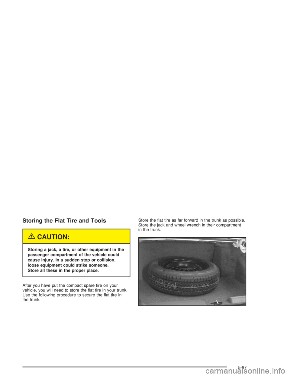 BUICK PARK AVENUE 2004  Owners Manual Storing the Flat Tire and Tools
{CAUTION:
Storing a jack, a tire, or other equipment in the
passenger compartment of the vehicle could
cause injury. In a sudden stop or collision,
loose equipment coul
