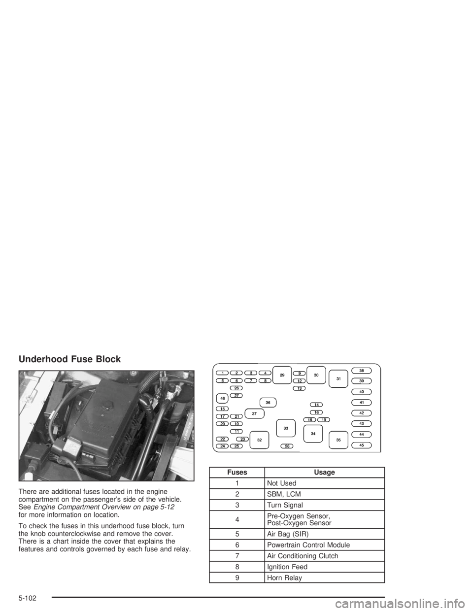 BUICK PARK AVENUE 2004  Owners Manual Underhood Fuse Block
There are additional fuses located in the engine
compartment on the passenger’s side of the vehicle.
SeeEngine Compartment Overview on page 5-12
for more information on location
