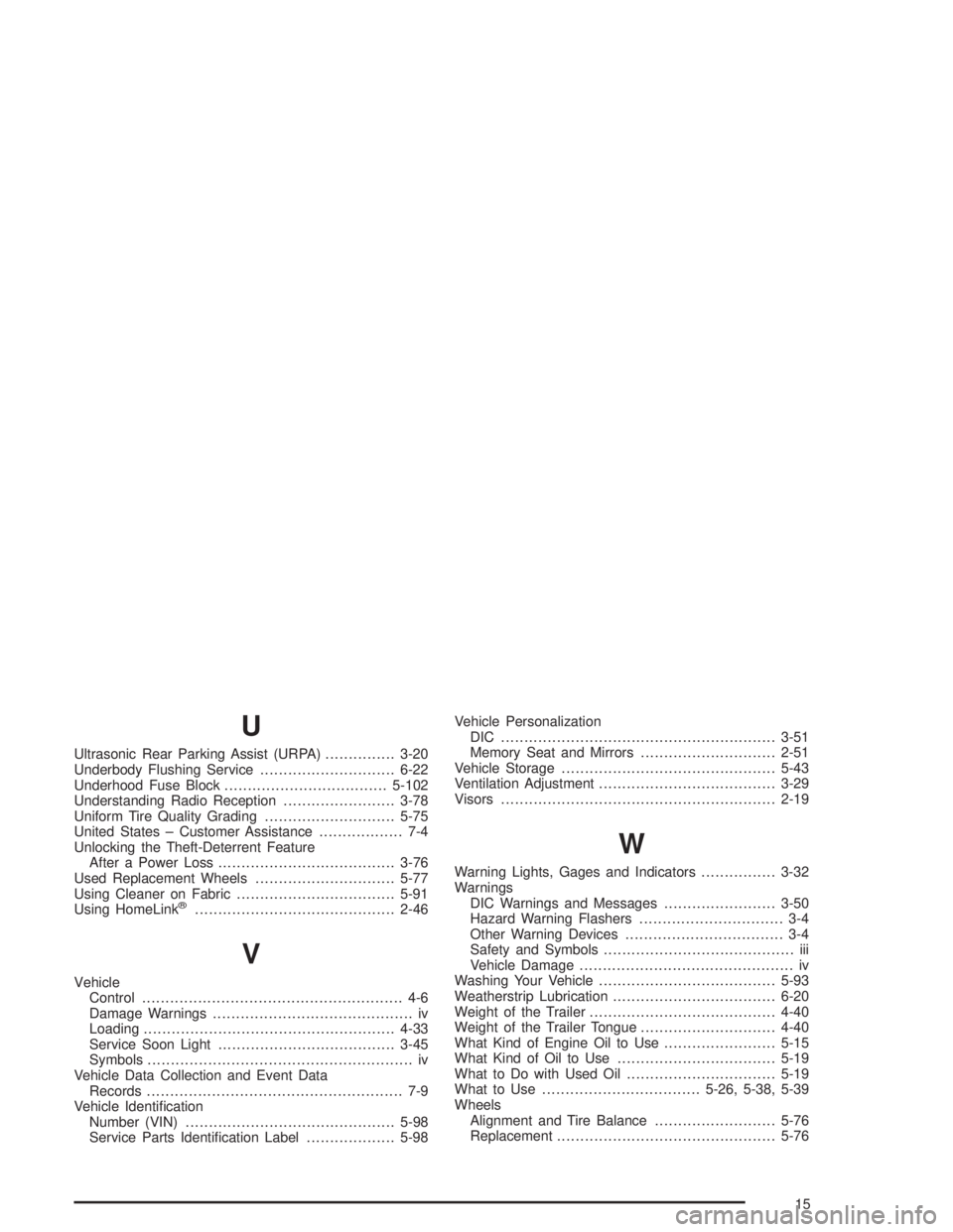 BUICK PARK AVENUE 2004  Owners Manual U
Ultrasonic Rear Parking Assist (URPA)...............3-20
Underbody Flushing Service.............................6-22
Underhood Fuse Block...................................5-102
Understanding Radio 