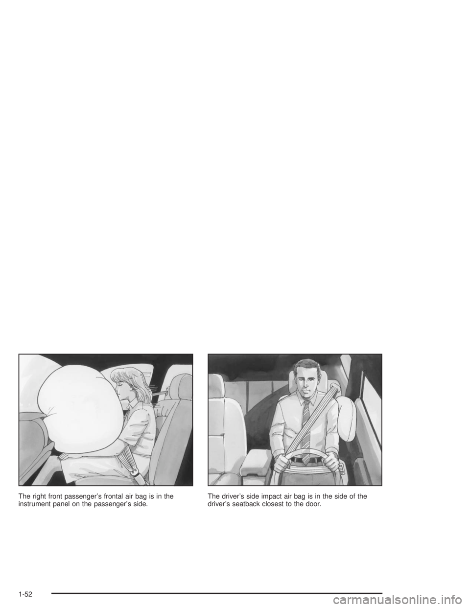 BUICK PARK AVENUE 2004 Workshop Manual The right front passenger’s frontal air bag is in the
instrument panel on the passenger’s side.The driver’s side impact air bag is in the side of the
driver’s seatback closest to the door.
1-5