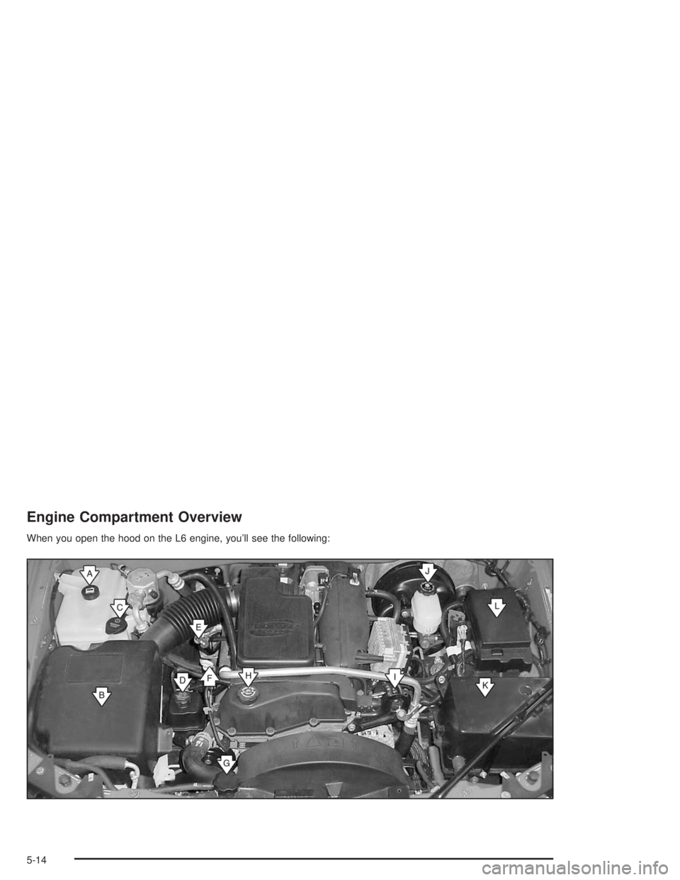 BUICK RAINIER 2004 Repair Manual Engine Compartment Overview
When you open the hood on the L6 engine, you’ll see the following:
5-14 