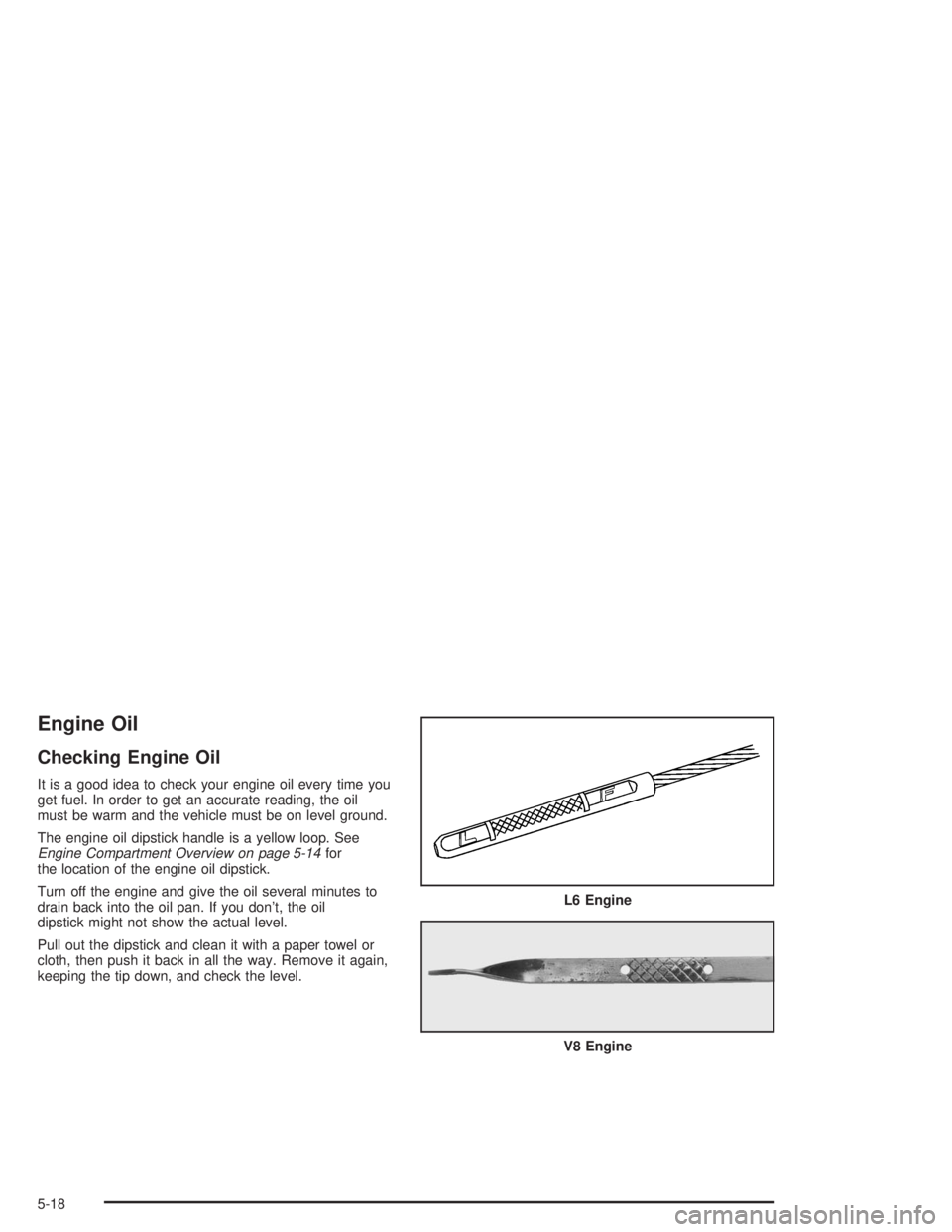 BUICK RAINIER 2004 Manual PDF Engine Oil
Checking Engine Oil
It is a good idea to check your engine oil every time you
get fuel. In order to get an accurate reading, the oil
must be warm and the vehicle must be on level ground.
Th