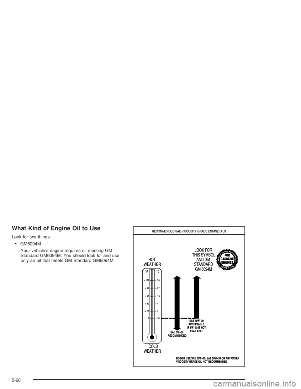 BUICK RAINIER 2004 Manual PDF What Kind of Engine Oil to Use
Look for two things:
GM6094M
Your vehicle’s engine requires oil meeting GM
Standard GM6094M. You should look for and use
only an oil that meets GM Standard GM6094M.
5