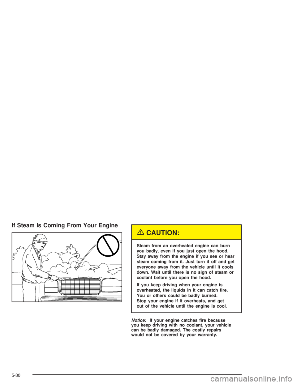BUICK RAINIER 2004 Manual Online If Steam Is Coming From Your Engine
{CAUTION:
Steam from an overheated engine can burn
you badly, even if you just open the hood.
Stay away from the engine if you see or hear
steam coming from it. Jus
