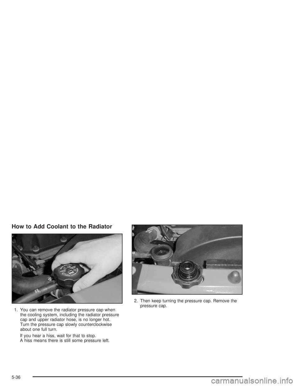 BUICK RAINIER 2004 Owners Manual How to Add Coolant to the Radiator
1. You can remove the radiator pressure cap when
the cooling system, including the radiator pressure
cap and upper radiator hose, is no longer hot.
Turn the pressure BUICK RAINIER 2004 Owners Manual How to Add Coolant to the Radiator
1. You can remove the radiator pressure cap when
the cooling system, including the radiator pressure
cap and upper radiator hose, is no longer hot.
Turn the pressure