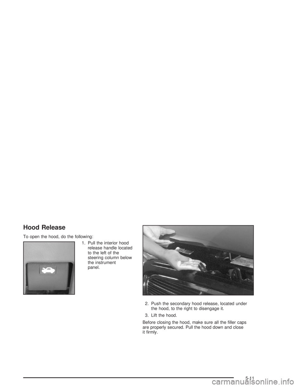 BUICK REGAL 2004  Owners Manual Hood Release
To open the hood, do the following:
1. Pull the interior hood
release handle located
to the left of the
steering column below
the instrument
panel.
2. Push the secondary hood release, loc