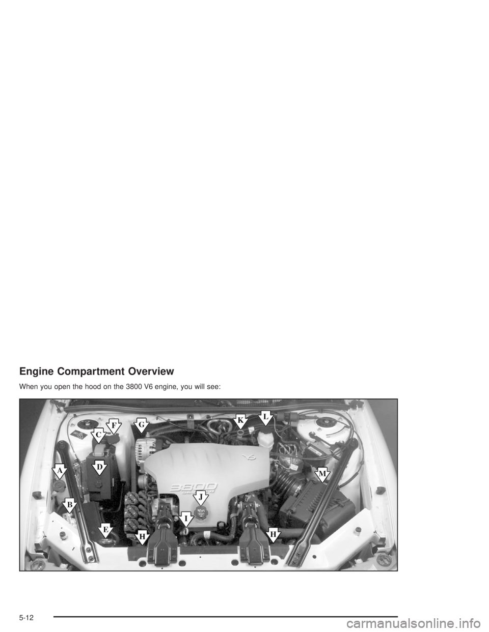BUICK REGAL 2004  Owners Manual Engine Compartment Overview
When you open the hood on the 3800 V6 engine, you will see:
5-12 