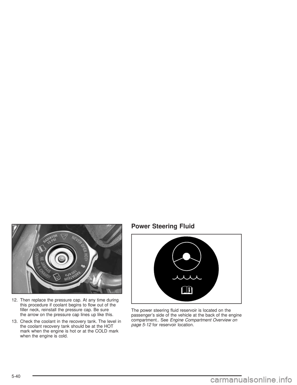 BUICK REGAL 2004  Owners Manual 12. Then replace the pressure cap. At any time during
this procedure if coolant begins to �ow out of the
�ller neck, reinstall the pressure cap. Be sure
the arrow on the pressure cap lines up like thi