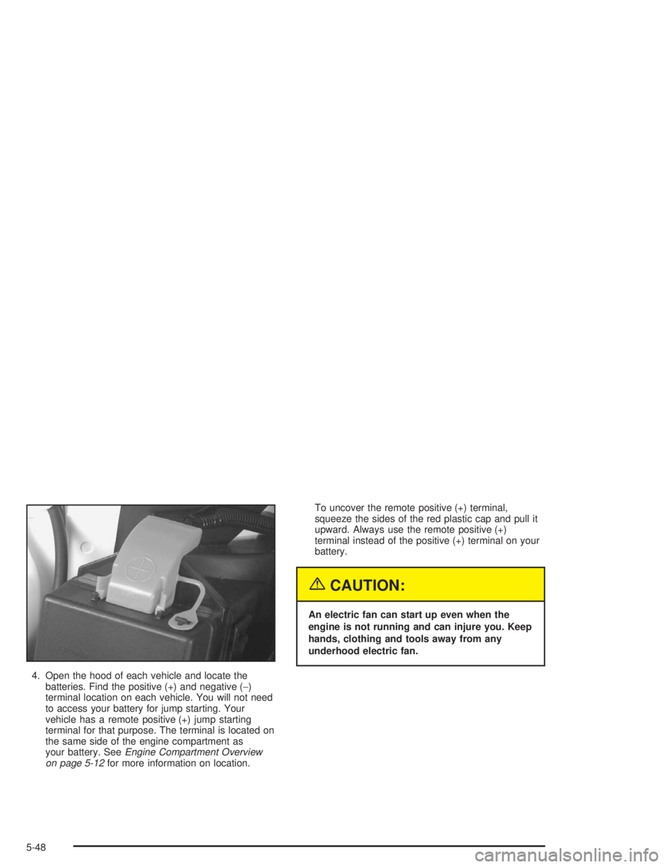 BUICK REGAL 2004 Owners Manual 4. Open the hood of each vehicle and locate the
batteries. Find the positive (+) and negative (−)
terminal location on each vehicle. You will not need
to access your battery for jump starting. Your
BUICK REGAL 2004 Owners Manual 4. Open the hood of each vehicle and locate the
batteries. Find the positive (+) and negative (−)
terminal location on each vehicle. You will not need
to access your battery for jump starting. Your