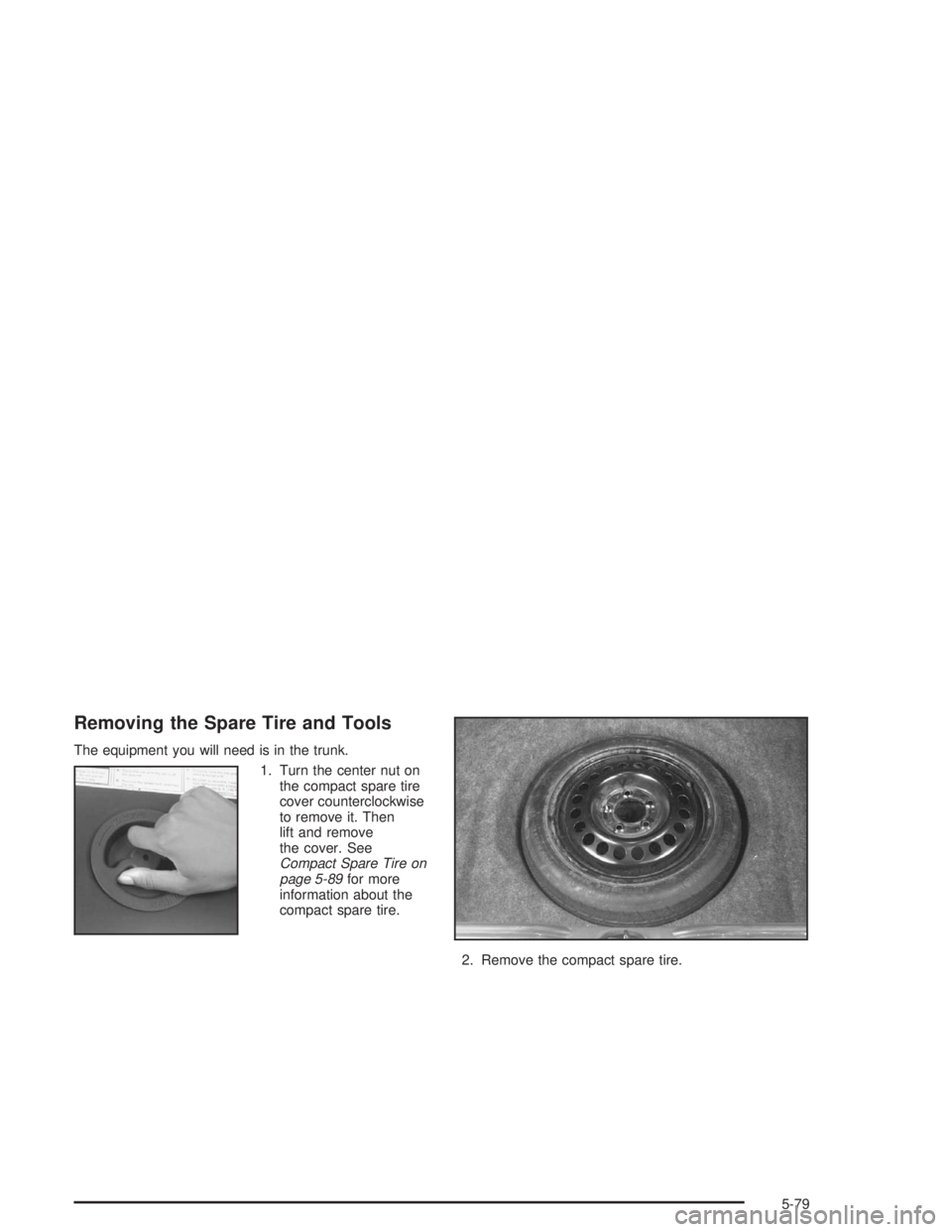 BUICK REGAL 2004  Owners Manual Removing the Spare Tire and Tools
The equipment you will need is in the trunk.
1. Turn the center nut on
the compact spare tire
cover counterclockwise
to remove it. Then
lift and remove
the cover. See